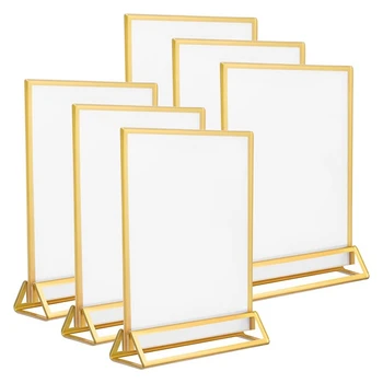 6Pack Держатель для знаков 5X7 дюймов прозрачный с золотыми рамками и вертикальной подставкой, двусторонние держатели стола для свадьбы
