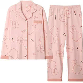 Высококачественная пижама из чистого хлопка Весна Осень Женщины с длинными рукавами Повседневная домашняя одежда большого размера Костюм Простая удобная одежда для сна 2024