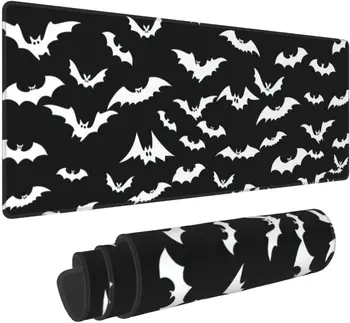 Halloween Bats Черный Белый Жуткий Коврик для мыши XL Расширенный настольный коврик Нескользящая резиновая основа Прошитый край Коврик для мыши 31,5 x 11,8 дюйма