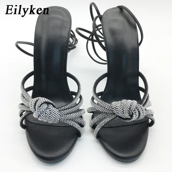 Eilyken CRYSTAL Лодыжка Женские сандалии с крест-накрестом Сексуальный подиумный стиль Квадратный носок Высокие каблуки Стриптизерша Обувь для вечеринок
