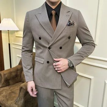 Мужской двухбортный деловой костюм высокого класса (костюм + жилет + брюки) Модный универсальный корейский тонкий однотонный комплект из двух частей