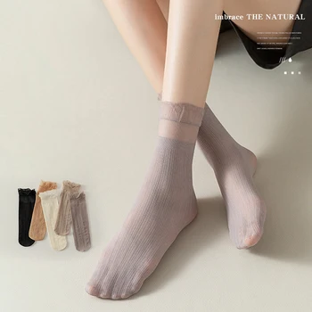 Бархатные женские носки Ультратонкие прозрачные кружевные носки с оборками Женская мода Лето Японский стиль Харадзюку Ретро Длинные носки