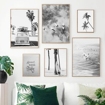 Surf Плакат и принты Черный белый настенное искусство Калифорния Пляж Доска для серфинга Холст Живопись Настенное искусство Прибрежный декор Серфинг Картины
