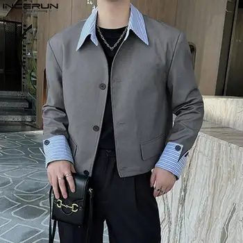 INCERUN Tops 2023 Корейский стиль Мужской сращивающий однотонный укороченный блейзер Повседневный хорошо сидящий мужской костюм с длинными рукавами и лацканами Пальто S-5XL