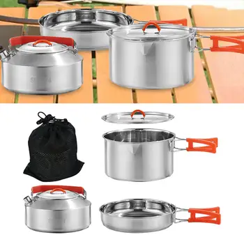 Набор посуды для кемпинга, набор для приготовления пищи для кемпинга, легкая сетчатая сумка для переноски с чайником, походная кастрюля и набор сковородок для пикника