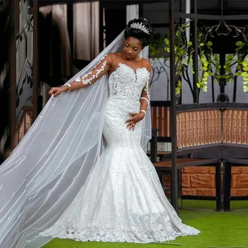 Элегантный белый арабский Дубай Африканское свадебное платье Русалка с длинным рукавом кружевная аппликация из бисера свадебное платье Свадебное платье из тюля телесного цвета