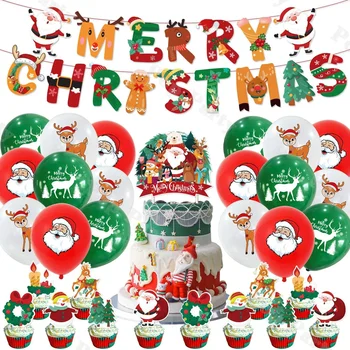 Рождественский набор Украшения для вечеринок Красные латексные шары Санта-Клауса и зеленого лося со вставкой для рождественского торта и флагом с буквами
