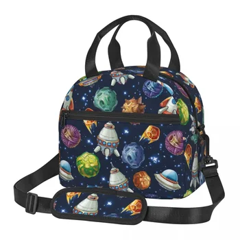 Comic Space Planets Merch Большая изолированная сумка для ланча с регулируемым плечевым ремнем Космические корабли Ракетный охладитель Тепловые ланч-боксы