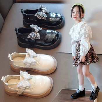 Модная обувь принцессы Противоскользящая и прочная танцевальная обувь для девочек Бант Дышащий Ребенок Студент Низкий Каблук Повседневная кожаная обувь
