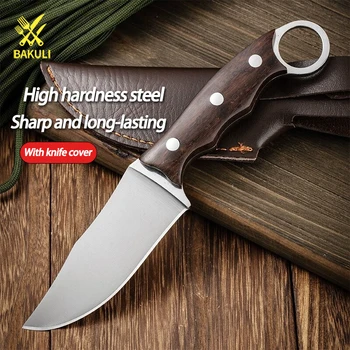BAKULI Компактный нож для мяса, Портативный карманный нож, Нож для обвалки стейка фруктов из углеродистой стали, Открытый походный нож с ножнами