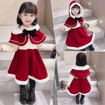 2023Зимнее 1-6Y Рождественское платье для девочек Красный бархатный плащ + расклешенная вечеринка Новый год Детский костюм Детская одежда