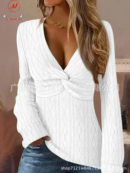 Сексуальные женщины однотонные жаккардовые футболки пэчворк дизайн излом декор глубокий v с длинным рукавом осень тонкие пуловеры трикотажный топ