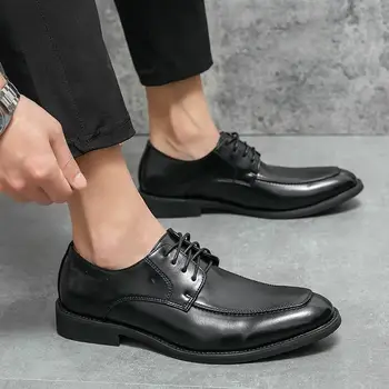 Жених Свадебная обувь Британская мужская обувь Стелька для увеличения высоты Мужская остроконечная черная деловая повседневная кожаная обувь мужская
