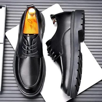 Кожаная обувь на высоком каблуке Мужская 2023 Новая осень Формальный деловой Повседневный Британский Черный Мартин Сапоги Мужская обувь W