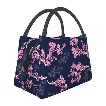 Midnight Cherry Blossoms Изолированные сумки для ланча для женщин Герметичные японские цветы сакуры Охладитель Термо Ланч-бокс Работа Пикник