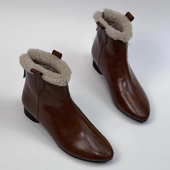 Женщины Челси Ботильоны Меховая теплая обувь 2024 Зимний бренд Средние каблуки Заостренный носок Хлопковые сапоги Короткие плюшевые насосы на молнии Botas Mujer