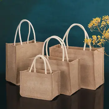 Льняная сумка Хлопчатобумажные мешки с ручной росписью Джутовые портативные сумки с имитацией Льняные винтажные сумки Сумки для покупок Ламинированные сумки