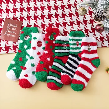 Рождественские носки с вышивкой из кораллового бархата Женские зимние напольные милые мультяшные утолщенные теплые зимние носки для сна