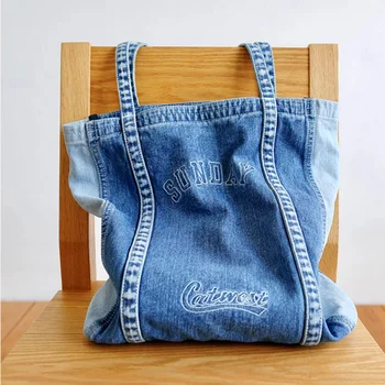  Винтажные холщовые женские сумки для покупок 2023 Новые повседневные южнокорейские нишевые джинсовые сумки с застежкой-молнией Preppy Simplicity высокой вместимости
