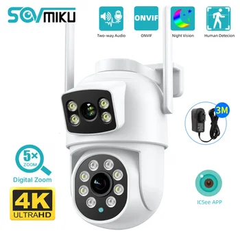SOVMIKU 8MP 4K PTZ IP-камера Двойной объектив 5-кратный зум Ночное видение ONVIF Автоматическое отслеживание WiFi Камера наблюдения Защита