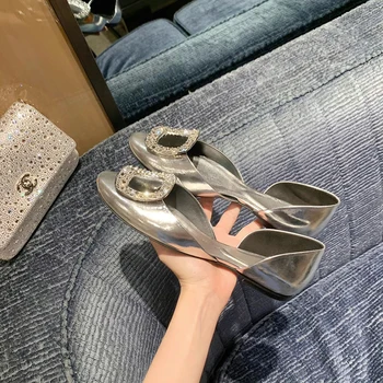 французский квадрат с бриллиантовой пряжкой на плоской подошве атласные шелковые неглубокие сандалии повседневные женские туфли с круглым носком Sandalias de Mujer Chaussure Femme