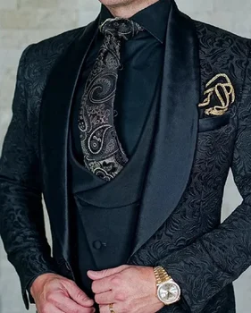Мужской свадебный костюм 2024 Итальянский дизайн Изготовленный на заказ черный смокинг Куртка Комплект из 3 предметов (пальто, жилет, брюки) Мужской жених Terno Костюм