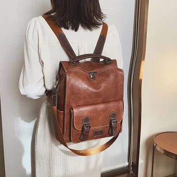 2023Модный женский рюкзак Винтажный рюкзак из искусственной кожи Коричневый женский повседневный и дорожный рюкзак Ретро Студенческие школьные сумки для женщин