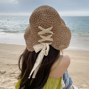 Женская соломенная шляпа Корейская версия бренда Tide Все японское лето Тонкий стиль Шляпа от солнца Кружевной бант Выдолбленная шляпа