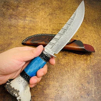 Коллекционный нож Монгольская ручная рукоятка мяса прямой нож ручка из оленьих рогов Дамасская сталь открытый кемпинг высокая твердость острый нож