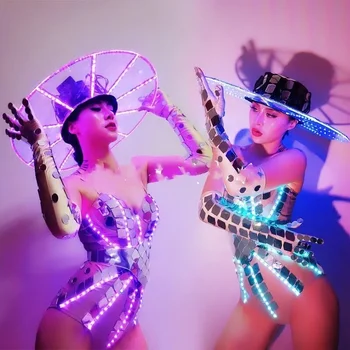 Женщины Светодиодное Платье Светящаяся Шляпа Свет Дамы Gogo Танцевальный наряд Костюм Выступление Клубная одежда Вечеринка Copslay