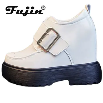 Fujin 12 см Новая лакированная платформа из натуральной кожи на танкетке Abkle Сапоги Женская обувь Супер каблуки Зима Осень Apring Мокасины Дизайнер