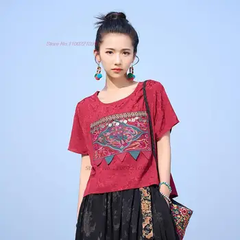 2024 Китайская традиционная футболка Восточная цветочная вышивка Винтажная рубашка с круглым вырезом Атласная жаккардовая свободная рубашка Восточный костюм Tang