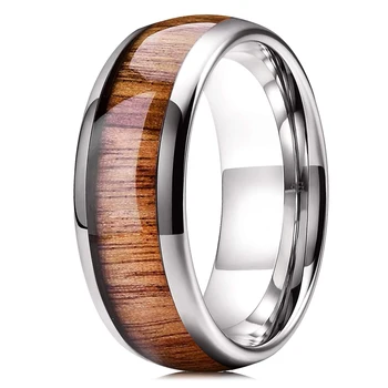 Мода 8 мм серебристый цвет кольца из нержавеющей стали для мужчин и женщин куполообразная инкрустация из дерева коа пара обещание кольцо свадебная вечеринка ювелирные изделия подарок