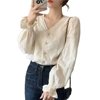 Элегантная белая кружевная рубашка Y2K Женская повседневная расклешенная однобортная блузка с длинным рукавом с V-образным вырезом Женские кардиганы в французском стиле