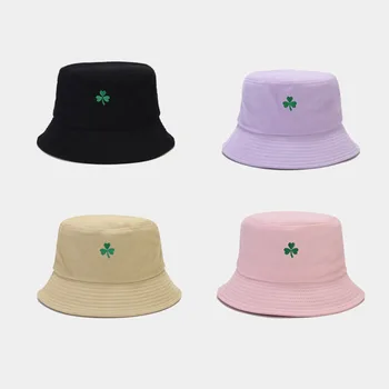 корейский стиль повседневная клеверная вышитая рыбацкая шапка мода лето универсальная солнцезащитная шляпа мужская и женская шляпа-ведро ou