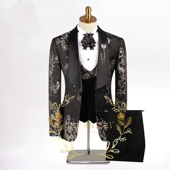 красивый цветочный черный набор из 3 предметов классический мужской костюм блейзер жилет брюки шаль лацкан формальное деловое выпускное свадебное платье
