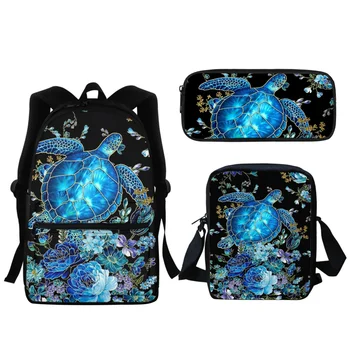 Мода Студенческие школьные сумки Синий гавайский дизайн морской черепахи Девочки Мальчики Рюкзак Повседневная сумка-ранец Инструменты для обучения Пенал