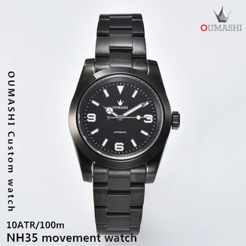 OUMASHI 39 мм мужские часы NH35 черный ремешок сапфировое стекло светящийся циферблат автоматический серебристый водонепроницаемый 100м асептические часы 005