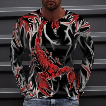 Мужская футболка Scorpion Повседневная 3D-печать с длинным рукавом Животный яд Графический топ Футболки High Street Pattern Tops Мужские/женские хип-хоп футболки
