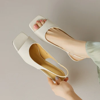 Сандалии Женщины 2023 Лето Квадратный носок PU Кожа Плоская Мода Лаконичная Дизайнерская Слипон Повседневная Повседневная Офисная Обувь Sandalias Mujer