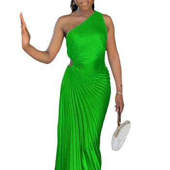 2023 Африканские платья для вечеринок для женщин Элегантное лето Африканский Без рукавов Полиэстер Оранжевый Черный Розовый Плиссированное длинное платье Макси Платье
