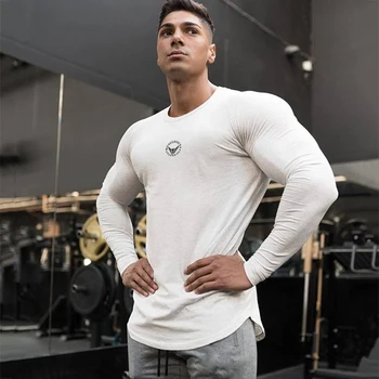 Новое поступление Мужская футболка с длинным рукавом Спортзалы Одежда Slim Fit Рубашка Homme Fitness Мужская хлопковая осенняя топы с круглым вырезом