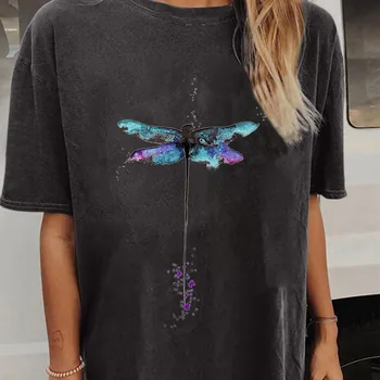 Seeyoushy Dragonfly Print Летняя новая женская футболка с коротким рукавом и о-образным вырезом Y2K Aesthetic Женский Топ 90-х Харадзюку Женская одежда
