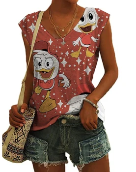 2023 Лето Новая тонкая повседневная футболка Disney 3D-печатный жилет Женский стричный топ Сексуальный жилет с V-образным вырезом Без рукавов