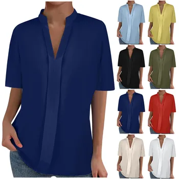 Женская футболка Свободная повседневная С короткими рукавами V-образным вырезом Сплошной цвет Топ Грязные дышащие рубашки и блузки Blusa Mujer Moda 2023