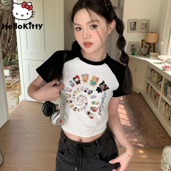 Sanrio Hello Kitty Женские укороченные топы Летний стиль колледжа Короткие футболки Y2k Одежда Женская корейская модная футболка с коротким рукавом