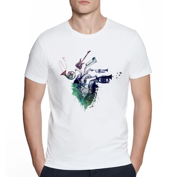 Винтажная мужская акварельная футболка с художественным принтом Лето Я люблю музыку Футболка с классическим принтом Белые повседневные футболки Наряды