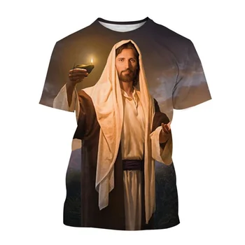 Христианский Бог Иисус Футболка Мужчины 3d печать Христианская живопись Летние футболки Мода Круглый вырез С коротким рукавом Свободная уличная футболка