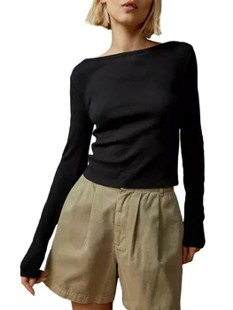Женщины Y2k Slim Firt Рубашка Faitycore Basic Knit Tee Топы Длинные рукава Однотонные узкие блузки Уличная одежда