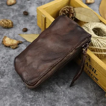 Винтажный кожаный кошелек для монет, растительный дубленый кожа, ручная роспись, простой длинный мини-кошелек для монет с тонкой текстурой